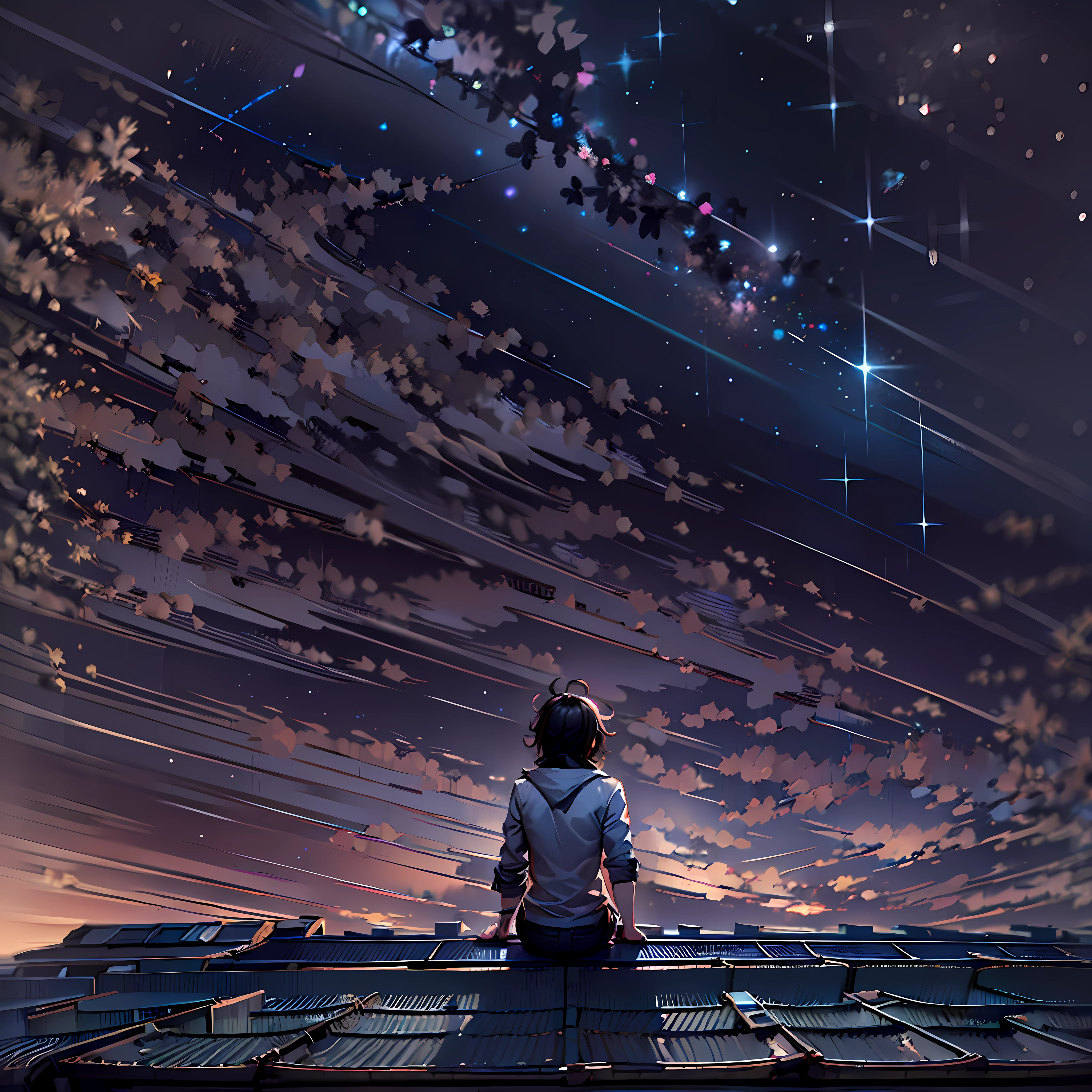 Backview of a doctor boy 坐著 in the top of a roof. 辛烷值, 天空, 星星 (天空), 風景, 星星ry 天空, 夜晚, 夜晚 天空, 獨自的, 戶外, 大樓, 雲, 銀河系, 坐著, 樹, 長髮, 城市, 輪廓, 城市scape. 那裡 are 星星s moon 銀河系 in the 天空. 那裡