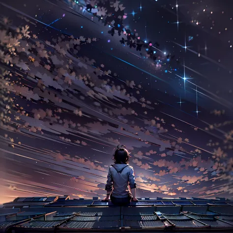 Backview of a doctor boy sitting in the top of a roof. octans, sky, star (sky), scenery, starry sky, night, night sky, solo, outdoors, building, cloud, milky way, sitting, tree, long hair, city, silhouette, cityscape. There are stars moon milky way in the ...