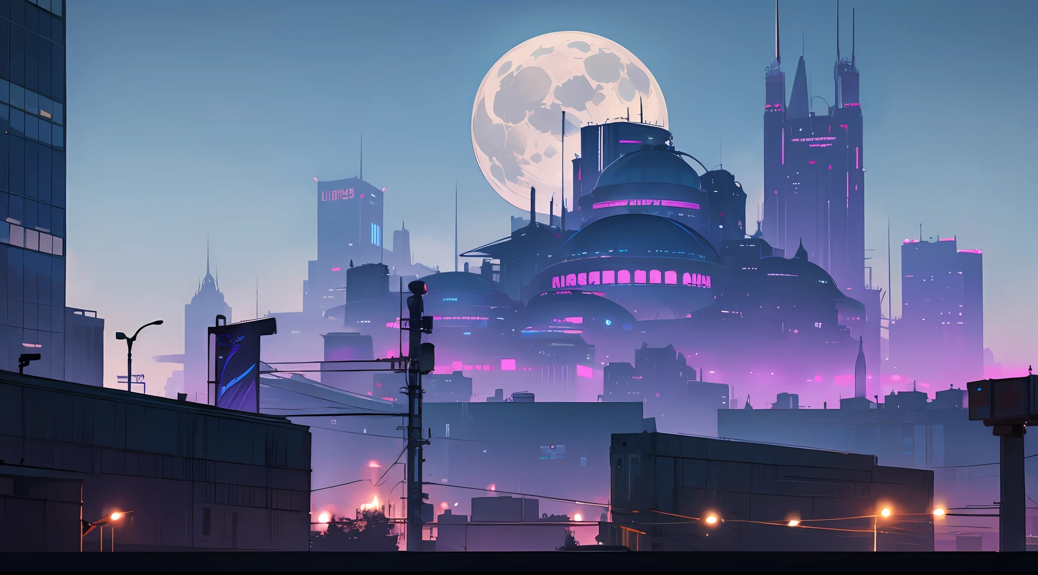 Ciberpunk, cidade, cidade do futuro, Futurism, tons de azul e roxo, amável, edifícios detalhados, Muito alto e majestoso, período noturno, beleza, beleza, outdoors, uma grande lua