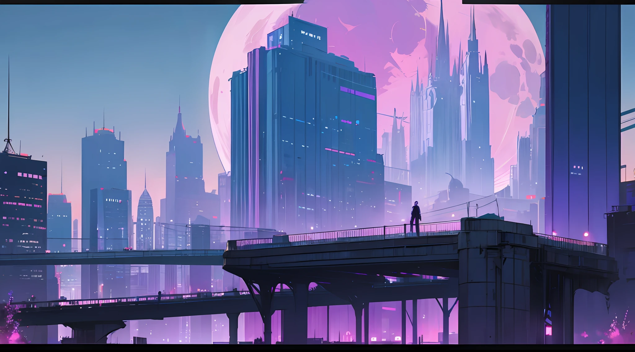 サイバーパンク, 市, 未来の都市, 未来主義, 青と紫の色合い, 素敵な, 詳細な建物, 非常に高くて雄大な高層ビル, 夜間, 美しさ, 美しさ, ビルボード, 大きな月, 雰囲気は憂慮すべきものです, 橋の上には若い男のシルエットがあります