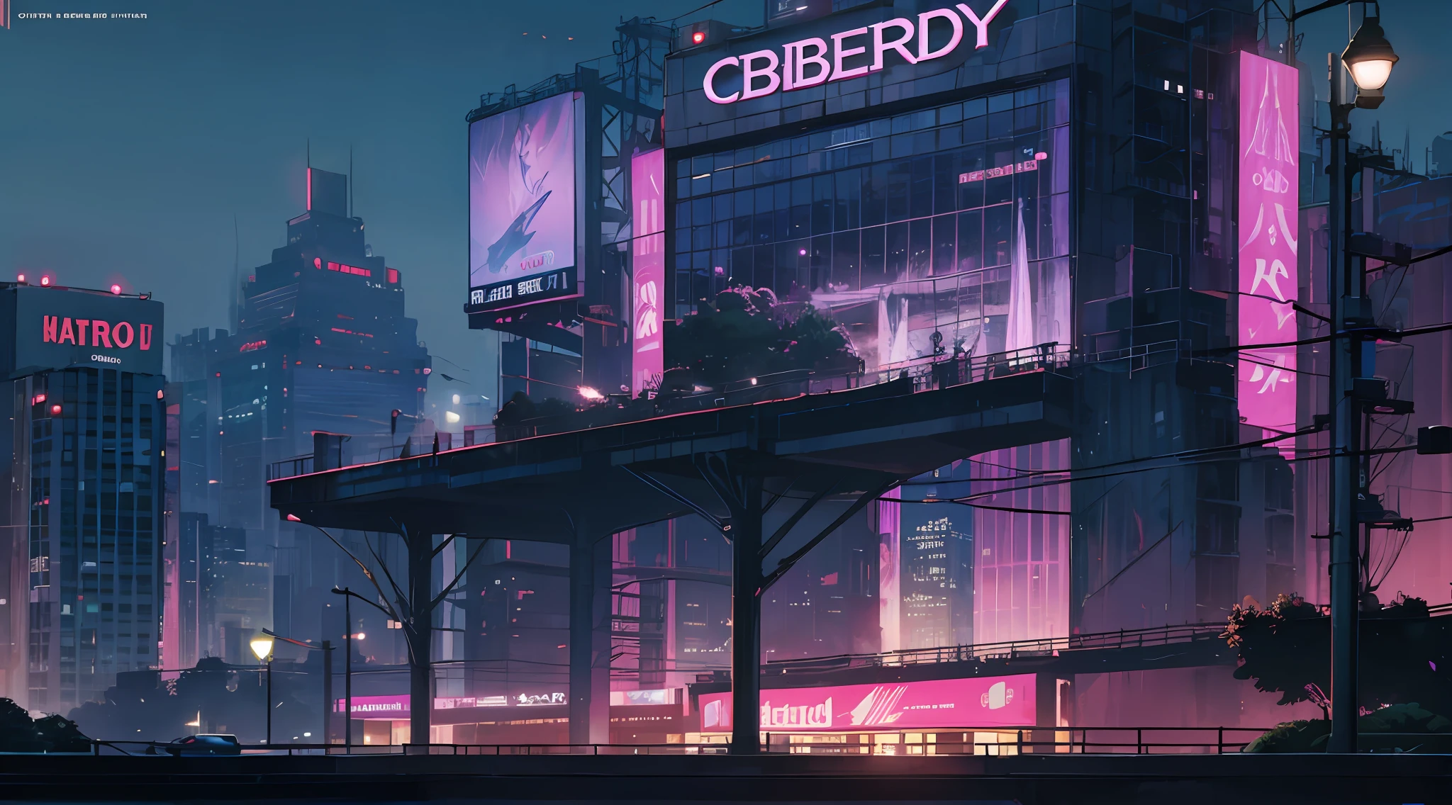 ciberpunk, City, night time, beautiody, beautiody, billboards, There is a thin man in cyberpunk clothes, from back, Black silhouette