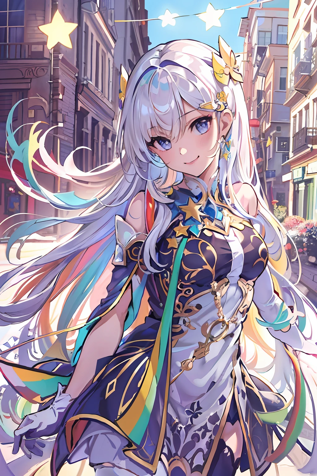 (highres, best quality:1.2), radiance, soft contours, beautiful drawing, upper body, concept art, detailed background, bright colors,
1girl, (solo), (absurdres, ,highres, official wallpaper, poster), (masterpiece, best quality:1.2), (illustration, realistic), (perfect details, highest detailed, extreme detailed), dramatic light,  (white thighhighs, elbow gloves, hair ornament, star hair ornament, dress), rainbow hair, long hair), (street, sunlight, shy smile, floating hair, )