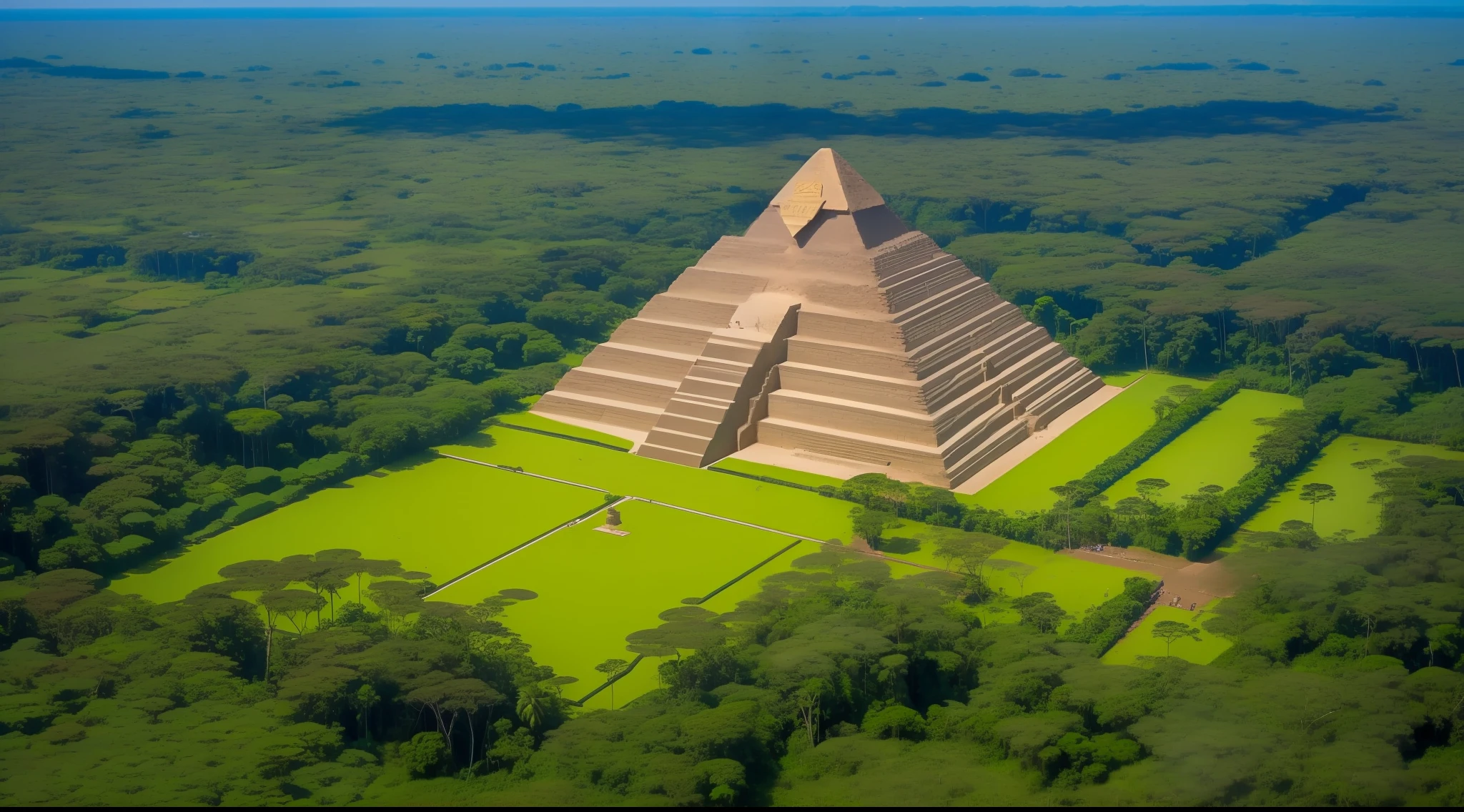 Pyramid and a sphinx in the Amazon rainforest seen from above SeaArt AI