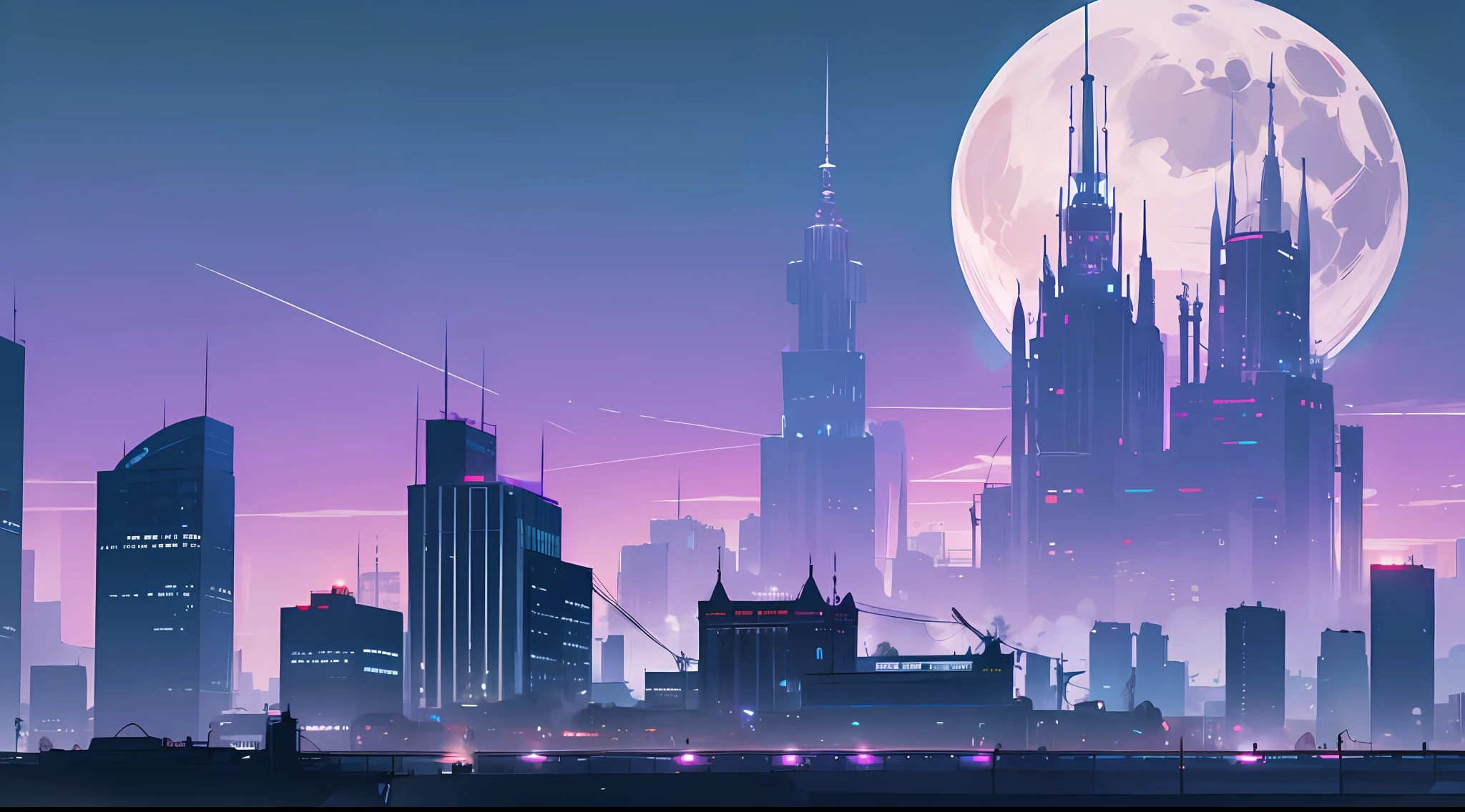 ciberpunk, City, city   of the future, Futurism, blue and purple shades, Lovely, Detailed buildings, Very tall and majestic high-rise buildings, night time, beautiody, beautiody, billboards, a big moon, The atmosphere is disturbing, On the bridge is a small black silhouette of a young girl