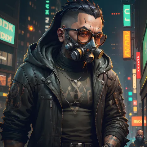 Arafed man in a gas mask with a hood and glasses in the city, wojtek fus, cyberpunk digital painting, cyberpunk character art, c...