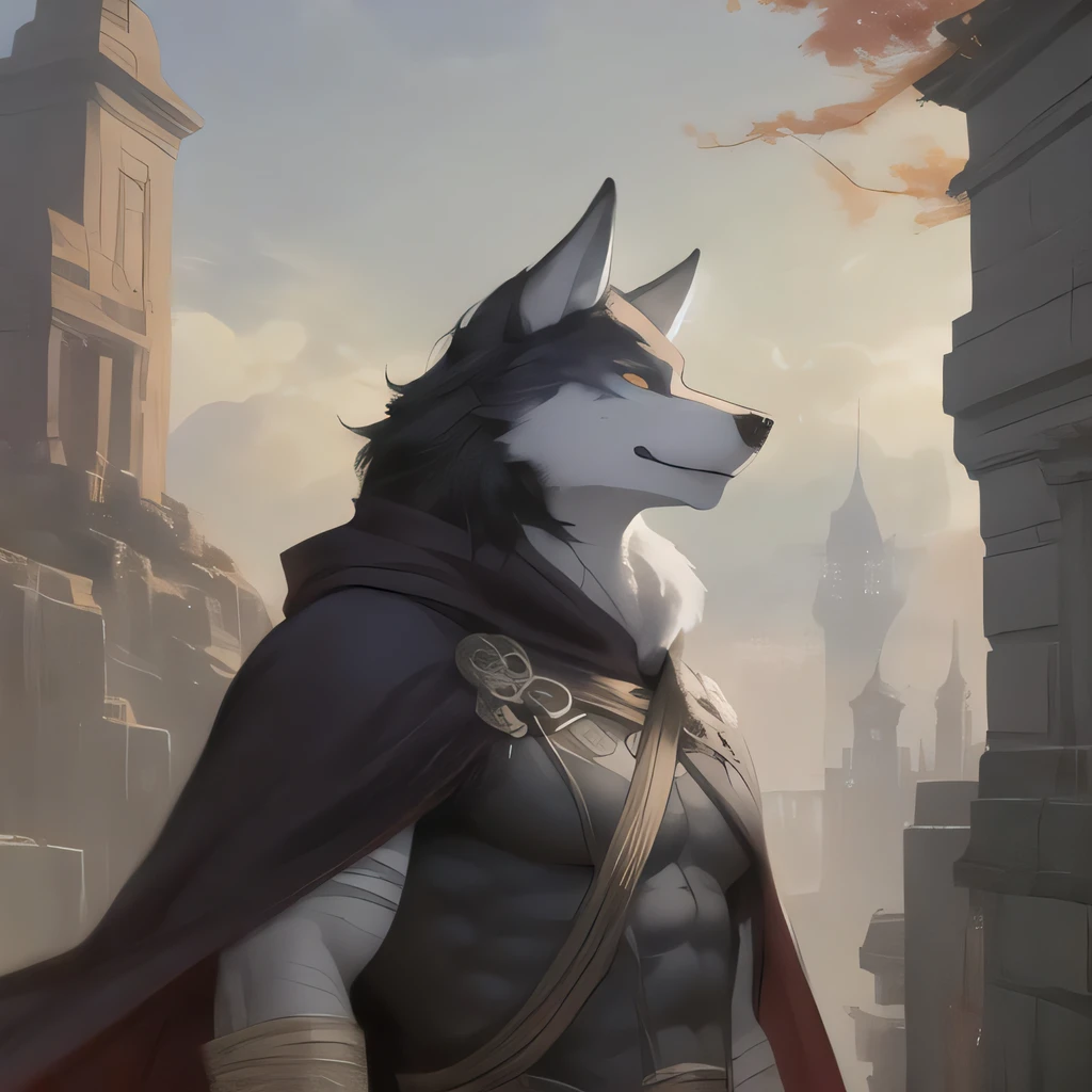 blaidd,blaidd cloak,Ruan Jia,Pino Daeni,darkgem,dimwitdog,muscular male wolf anthro, (detailed face), (detailed fluffy fur)