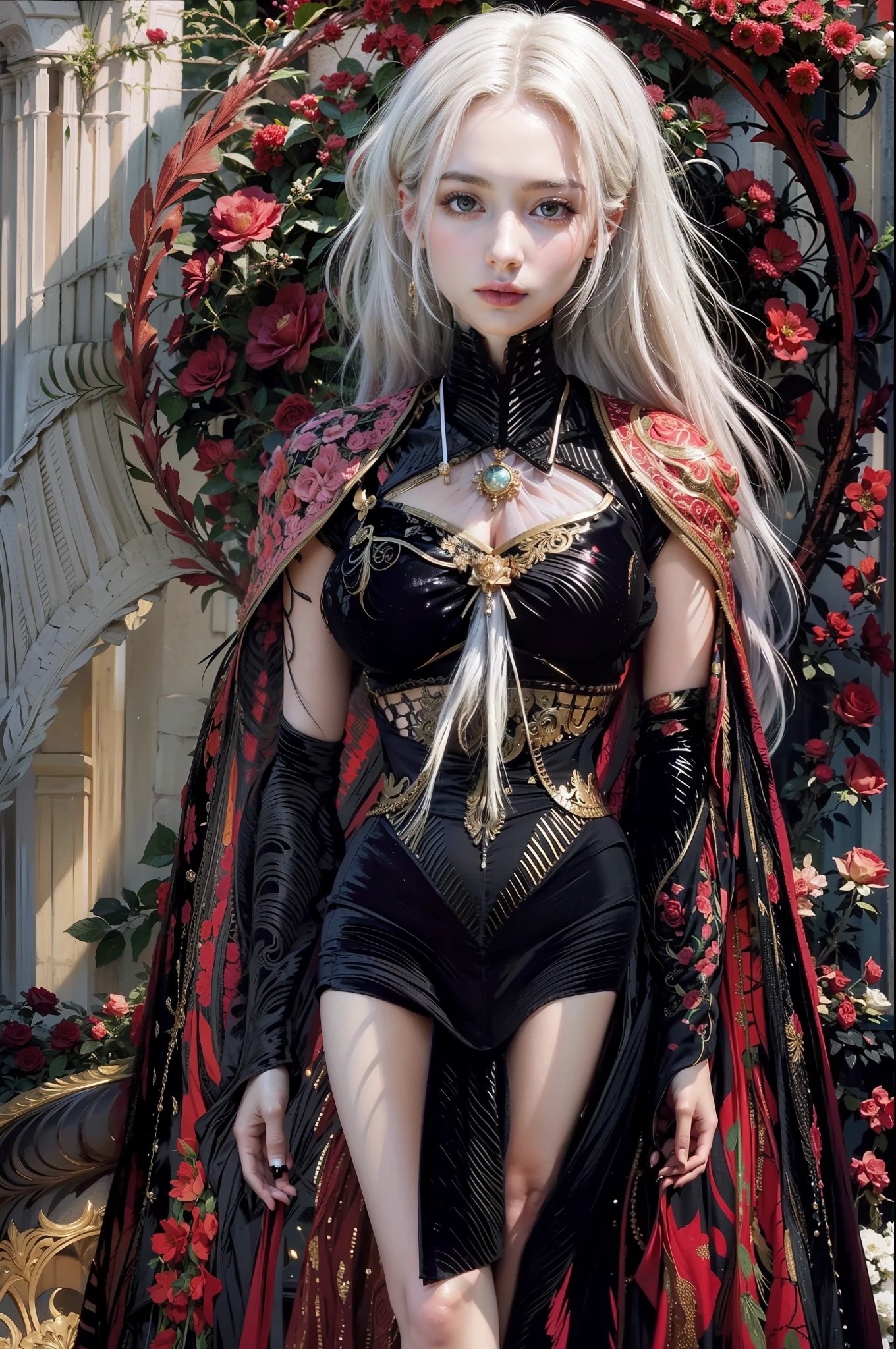 The most beautiful rose bush imaginable and an incredibly elegant young woman, superbly hairstyled, Spectacularly made up and wearing a dazzling dress in golden colors, black and gray fabulous. In a dream garden on a magical night. (masterpiece) (Best Quality)