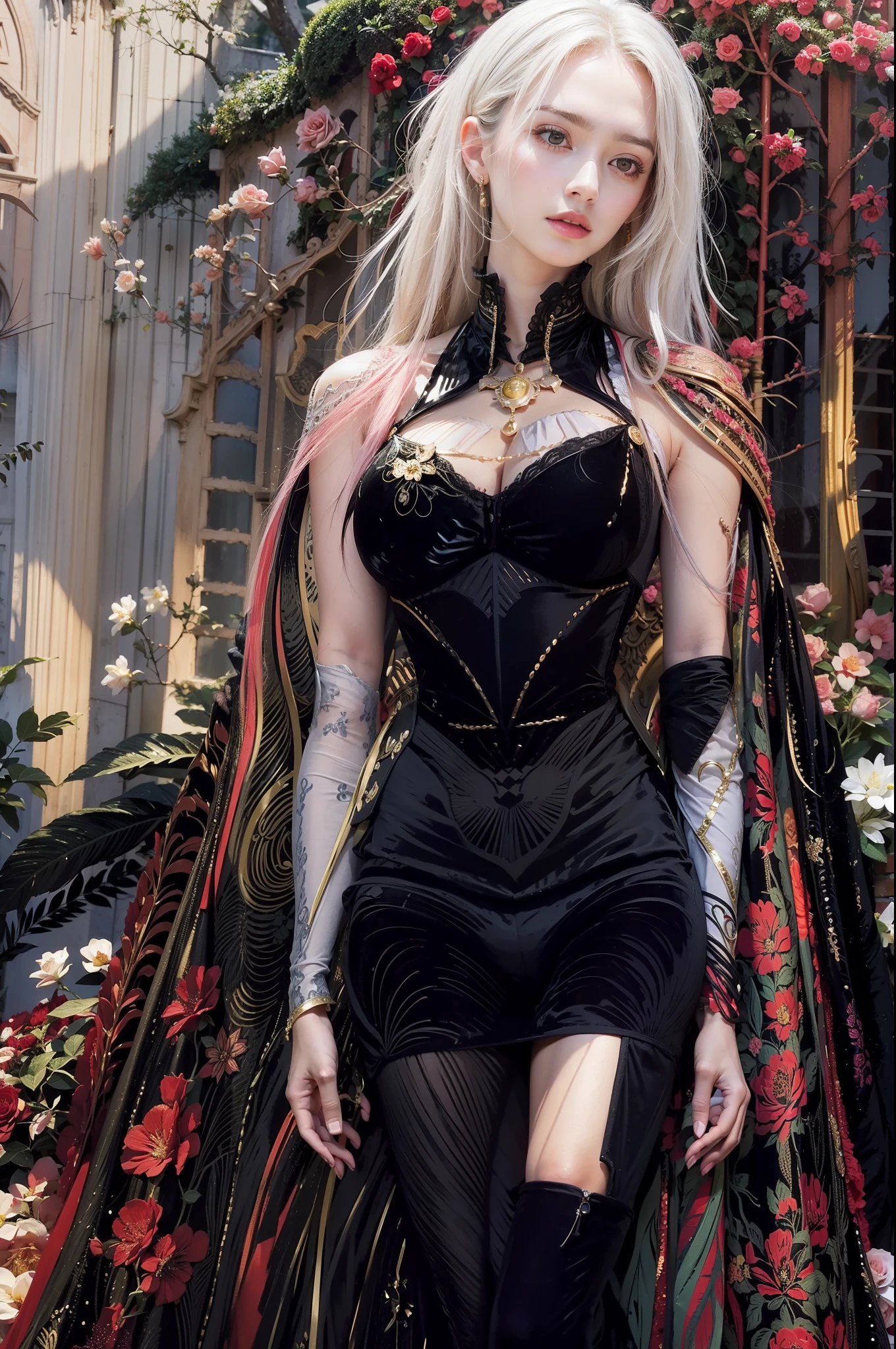 The most beautiful rose bush imaginable and an incredibly elegant young woman, superbly hairstyled, Spectacularly made up and wearing a dazzling dress in golden colors, black and gray fabulous. In a dream garden on a magical night. (masterpiece) (Best Quality)