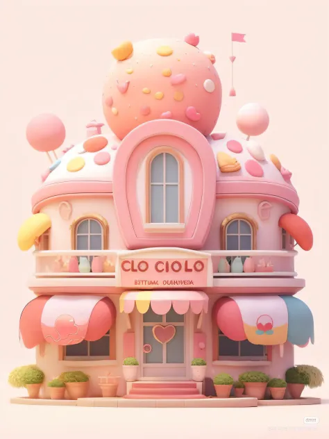 There is a pink and white building with a giant cupcake on top, em uma casa estilo terra doce, kawaii hq render, bonito 3 d render, casa arredondada e personagem bonito, kawaii aesthetic, 3d rendering stylized, padaria bonito, 3 d render stylized, arte dig...