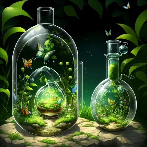 (masterpiece, best quality: 1.2), (super detail), (illustration), wallpaper, original, round bottom flask, grass, vine, water, b...