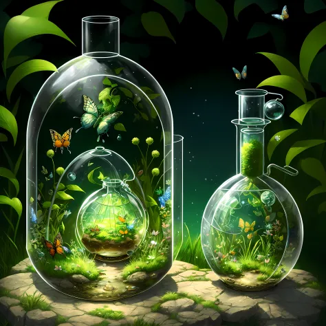 (masterpiece, best quality: 1.2), (super detail), (illustration), wallpaper, original, round bottom flask, grass, vine, water, b...