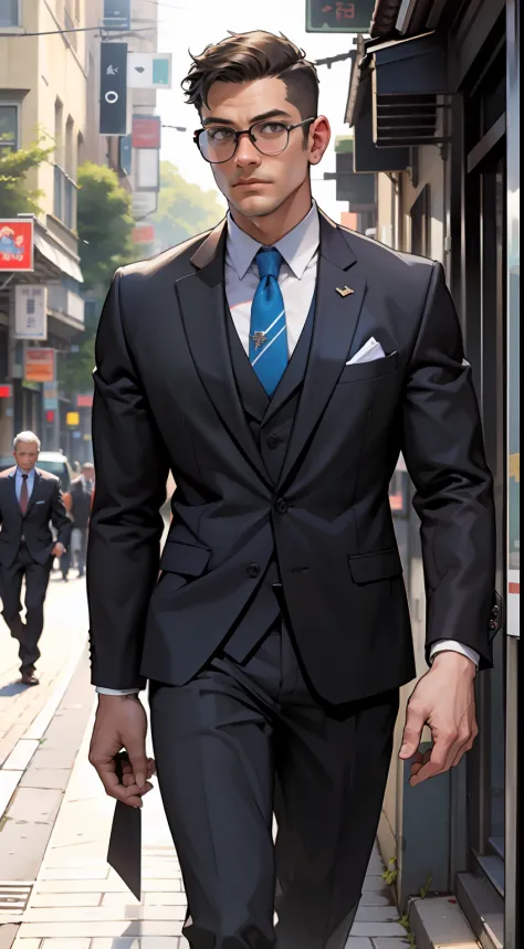 Realistic, (best quality, masterpiece: 1.3), men, (in suit) (walking down the street)