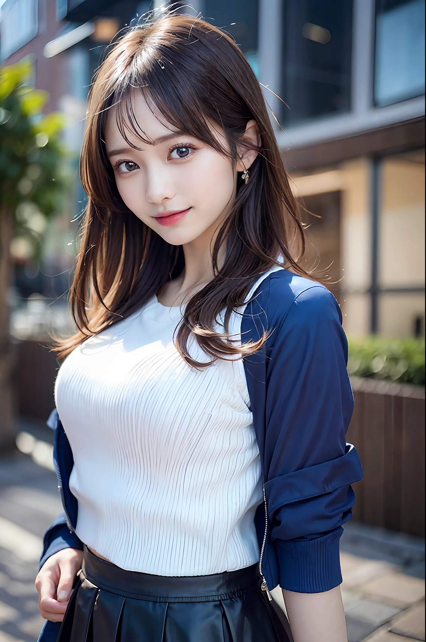{“query”: “a person”}、((Realistic lighting、top-quality、8K、​masterpiece:1.3))、Focus:1.2、1 girl、Perfect figure:1.4、Slim abs:1.1、((dark brown hair))、(Dark blue jacket)、(Dark blue skirt)、(White shirt)、(outside of house、Daytime:1.1)、(Super fine face、A smile)、big eye、24