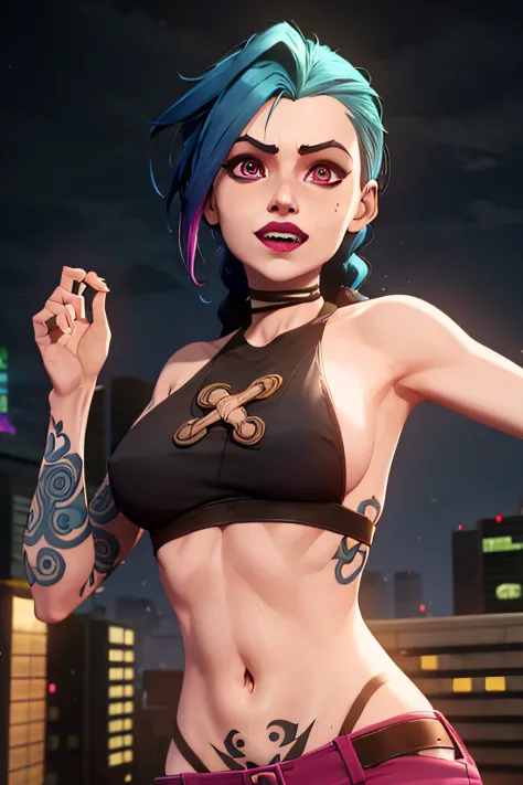 arcane style,

1girl topless, arm tattoo, asymmetrical bangs, bangs, blue hair, braid, brown shirt, cloud tattoo, looking at viewer, laughing, crazy, uncontrollable laugh, mad look, night, city, green hair, long hair, midriff, pink eyes, red lips, shirt, s...