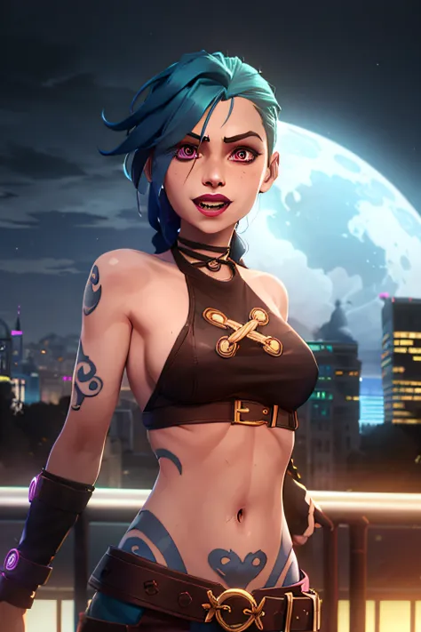 arcane style,

1girl topless, arm tattoo, asymmetrical bangs, bangs, blue hair, braid, brown shirt, cloud tattoo, looking at viewer, laughing, crazy, uncontrollable laugh, mad look, night, city, green hair, long hair, midriff, pink eyes, red lips, shirt, s...