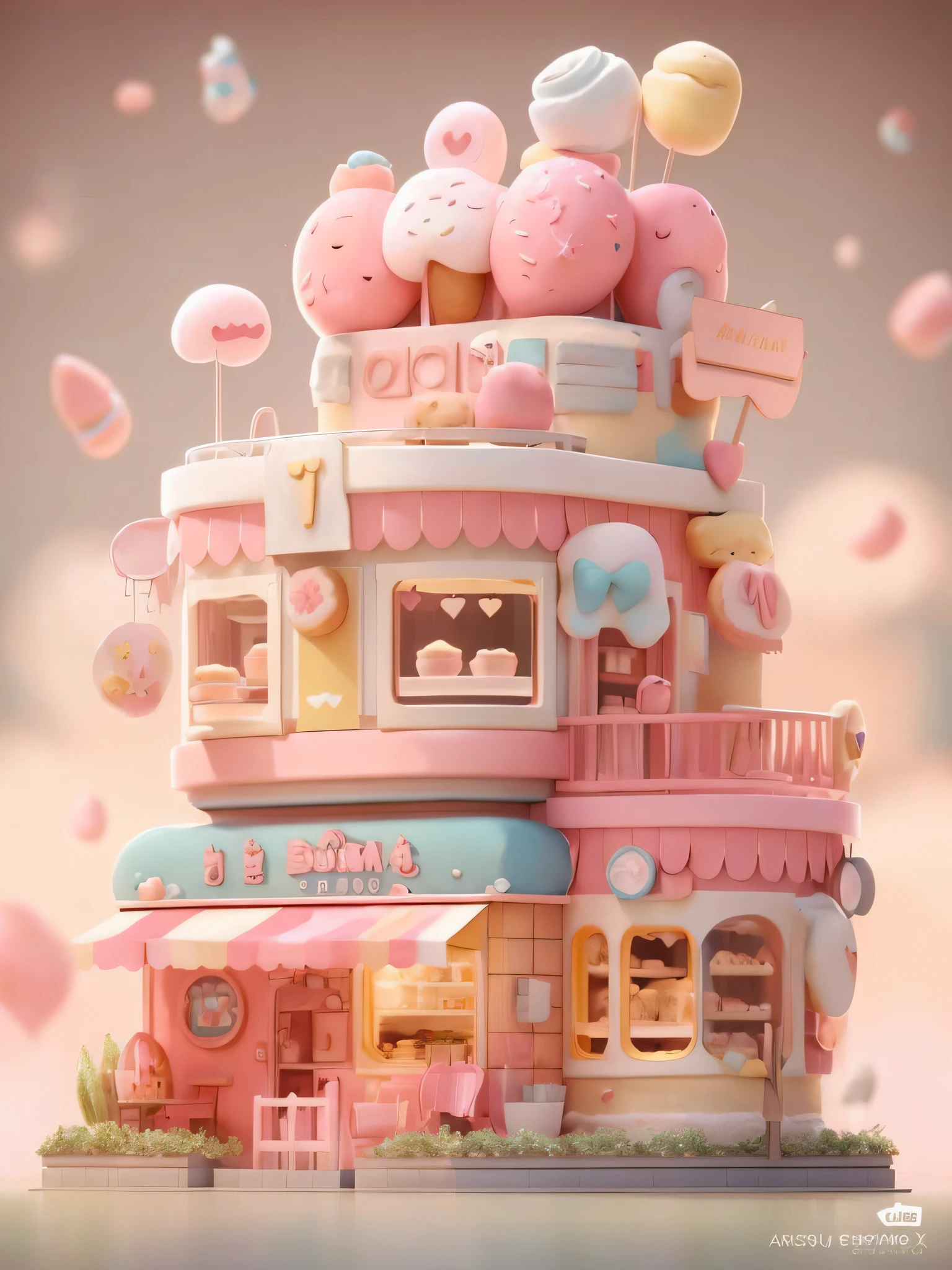 Há um edifício rosa e branco com muitos donuts no topo, bonito 3 d render, renderização em alta qualidade kawaii, padaria bonito, Padaria fantasia, Renderização 3D estilizada, Renderização 3D estilizada, estilizado como uma renderização 3D, arte digital detalhada bonito, em uma casa estilo terra doce, Renderização superdetalhada, fofo! c4d
