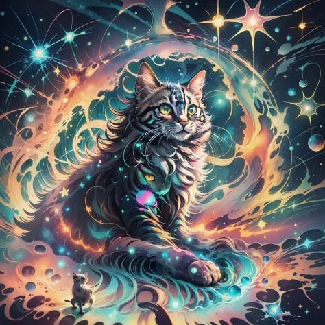 Magic Disco Cat, drop, Colorful, Happy, Stars, Space, watercolor wash, reflective eyes, Improves the eyes, Dark, glowing eyes, Anime style, Magical, Stylize under 1000, line art, rugged, Anime-style dirt, intricately-detailed, Fantasy, Concept art, Digital...
