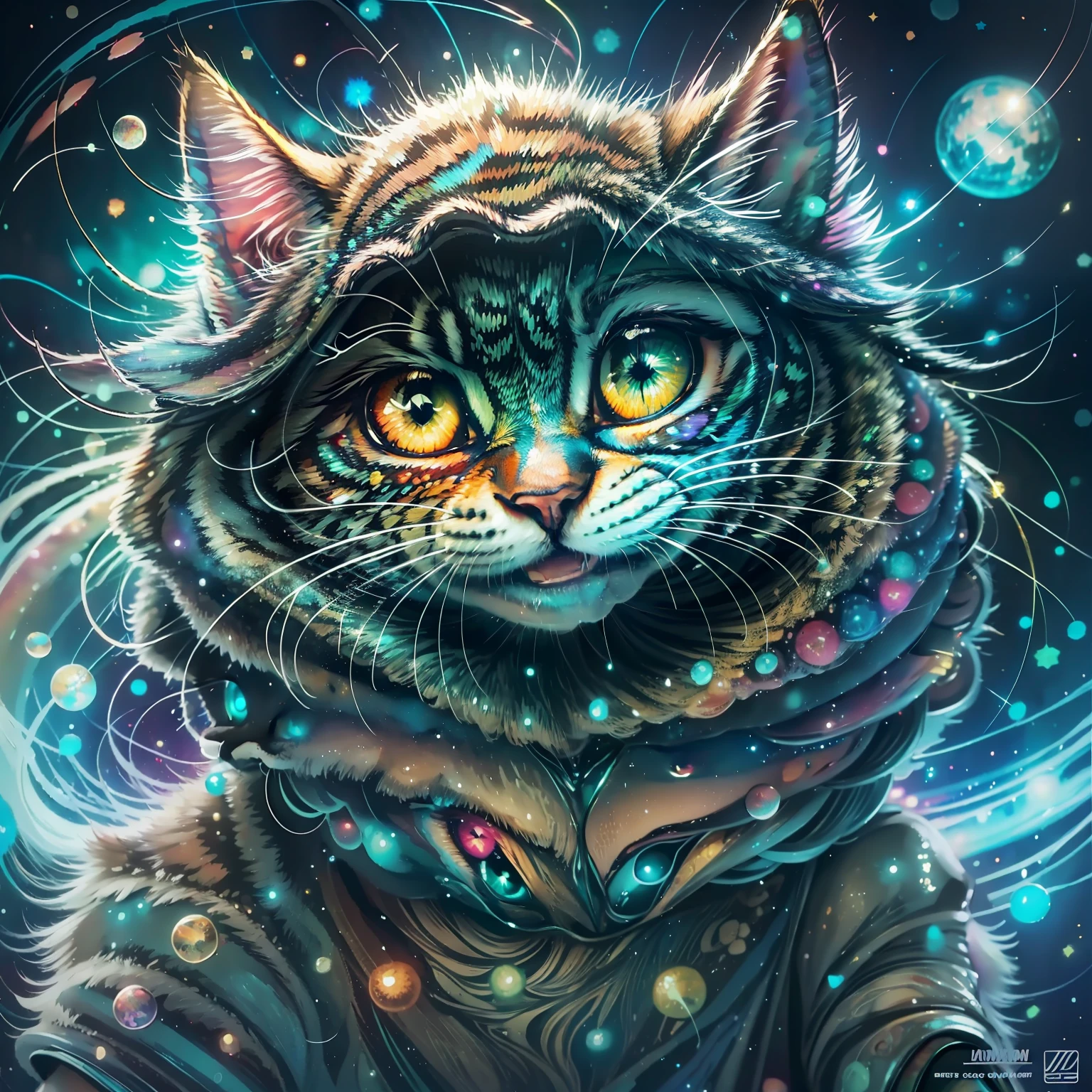 魔法迪斯科猫, 降低, 丰富多彩的, 快乐的, 星星, 空间, 水彩画, 反光的眼睛, 改善眼睛, 黑暗的, 发光的眼睛, 动漫风格, 神奇, 1000 以下风格化, 线条艺术, 崎岖, 动漫风格的污垢, 错综复杂, 幻想, 概念艺术, 数字艺术, 错综复杂, 布面油画, 杰作, 专家, 极其详细, 轻微负面