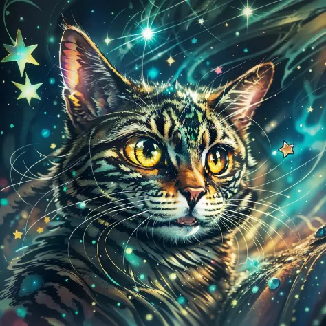 magic disco cat, drop, colorful, happy, stars, space, watercolor wash, reflective eyes, improves the eyes, dark, glowing eyes, a...