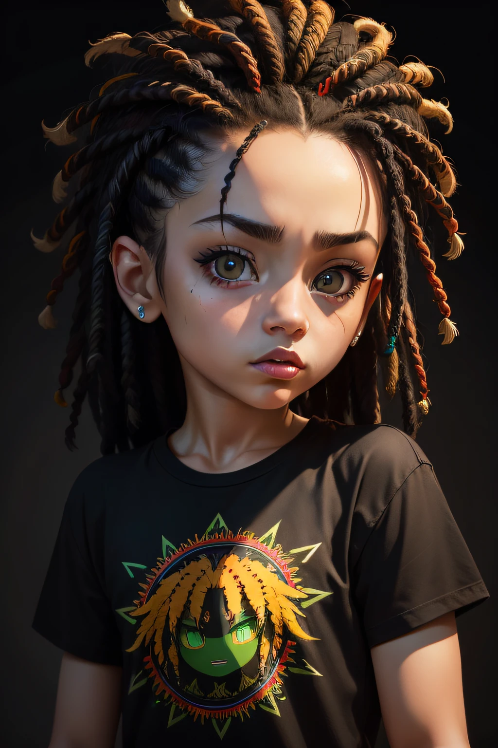 t-shirt art, 2D, ((black background :1, 5)), vector, vivid colors, chibi rasta outfit character, masterpiece, best quality, intricate details, perfect symmetrical face, realistic details, gothic theme, rim light, moonlight, cinematic shading, Greg Rutkowisk