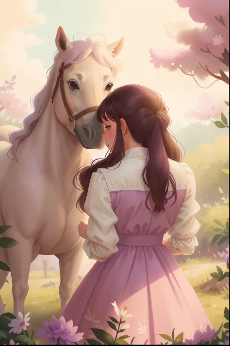 a woman in a lilac dress and a white horse