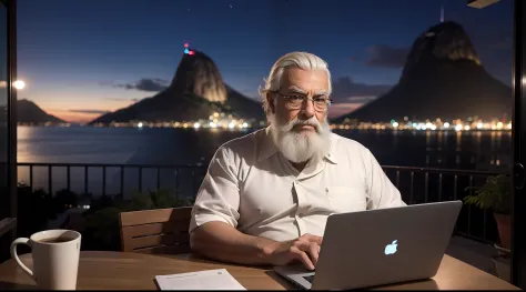 homem velho, cabelos e barba brancos, lendo um e-mail no seu notebook, sentado na varanda de sua casa, In the background as the ...