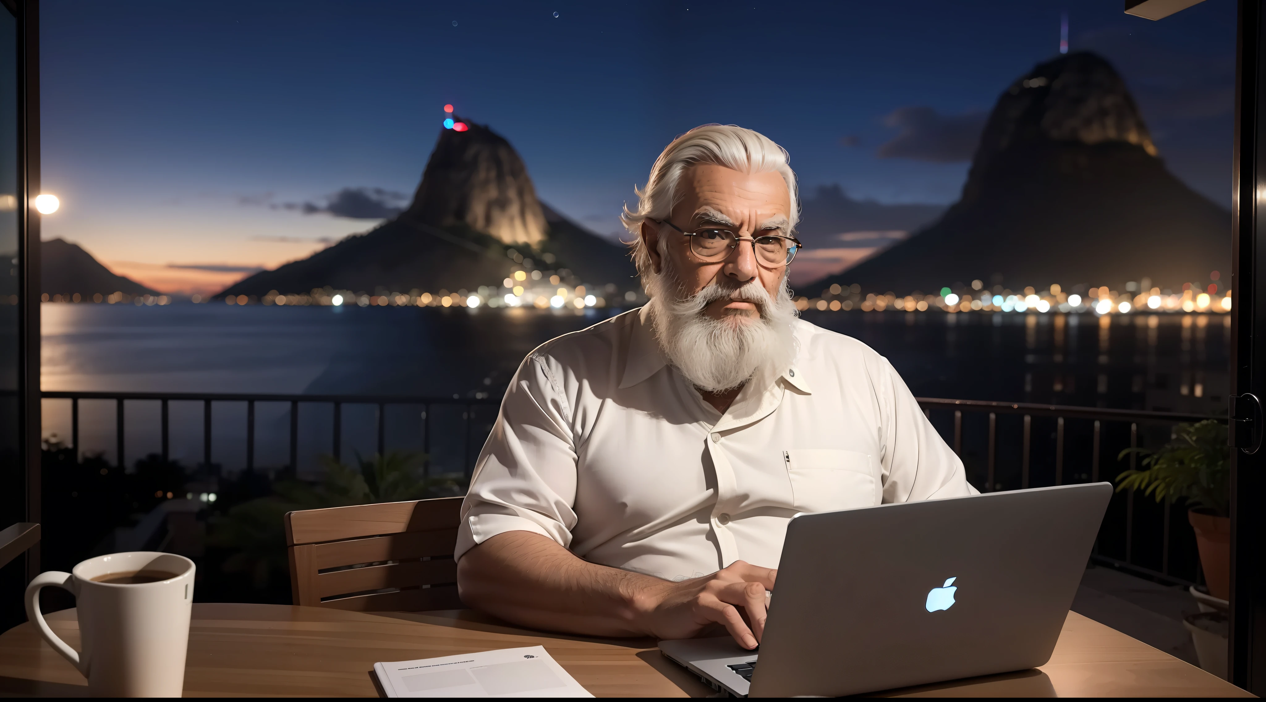 homem velho, cabelos e barba brancos, lendo um e-mail no seu notebook, sentado na varanda de sua casa, In the background as the Sugar Loaf, rio de janeiro, Noite escura, contemporary style, Rear view, maximum detailed, alta qualidade