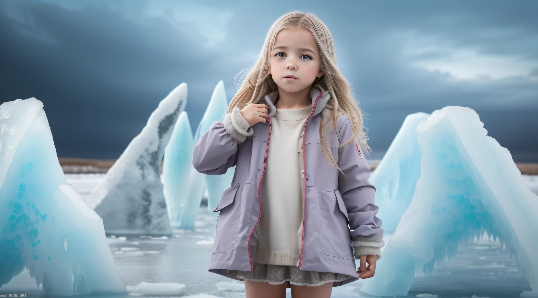 best qualityer, work-before, ultra high nothing, photorrealistic, raw-photo, GIRL KIDS , russian blonde long straight hair, with red leather jacket outfit, Estilo Retrato,ice, Glace, frost, ice.