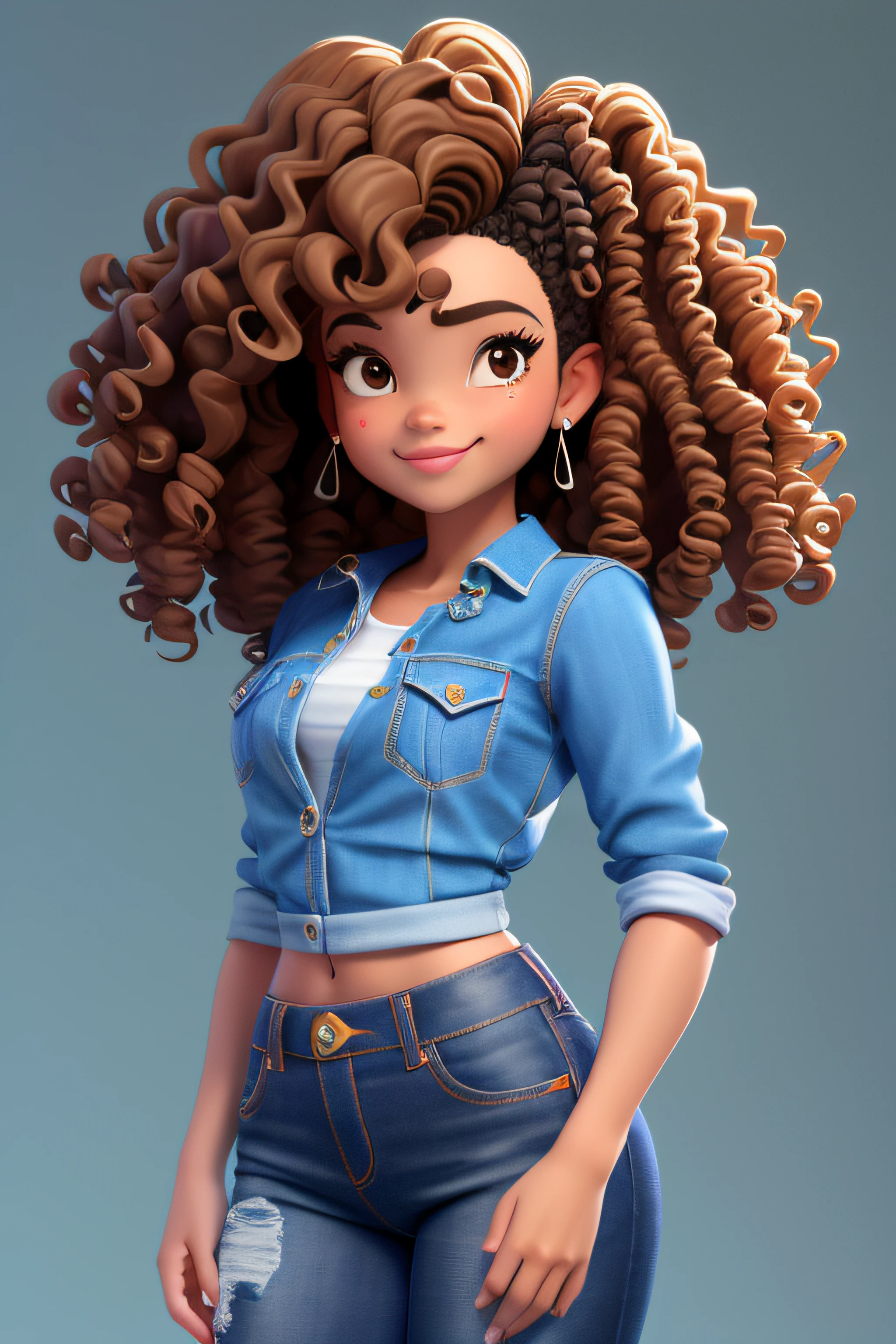 3dcharacter, 1 , adult  woman, hazelnut eyes, short curly black hair, (((curly hair))), black power, brown skin, (((brown skin))), Denim Jeans Pants, white  shirt, (fully body: 1.2), simple background, Masterpiece artwork, best qualityer, flower in hair, (light plum gradient background: 1.1)