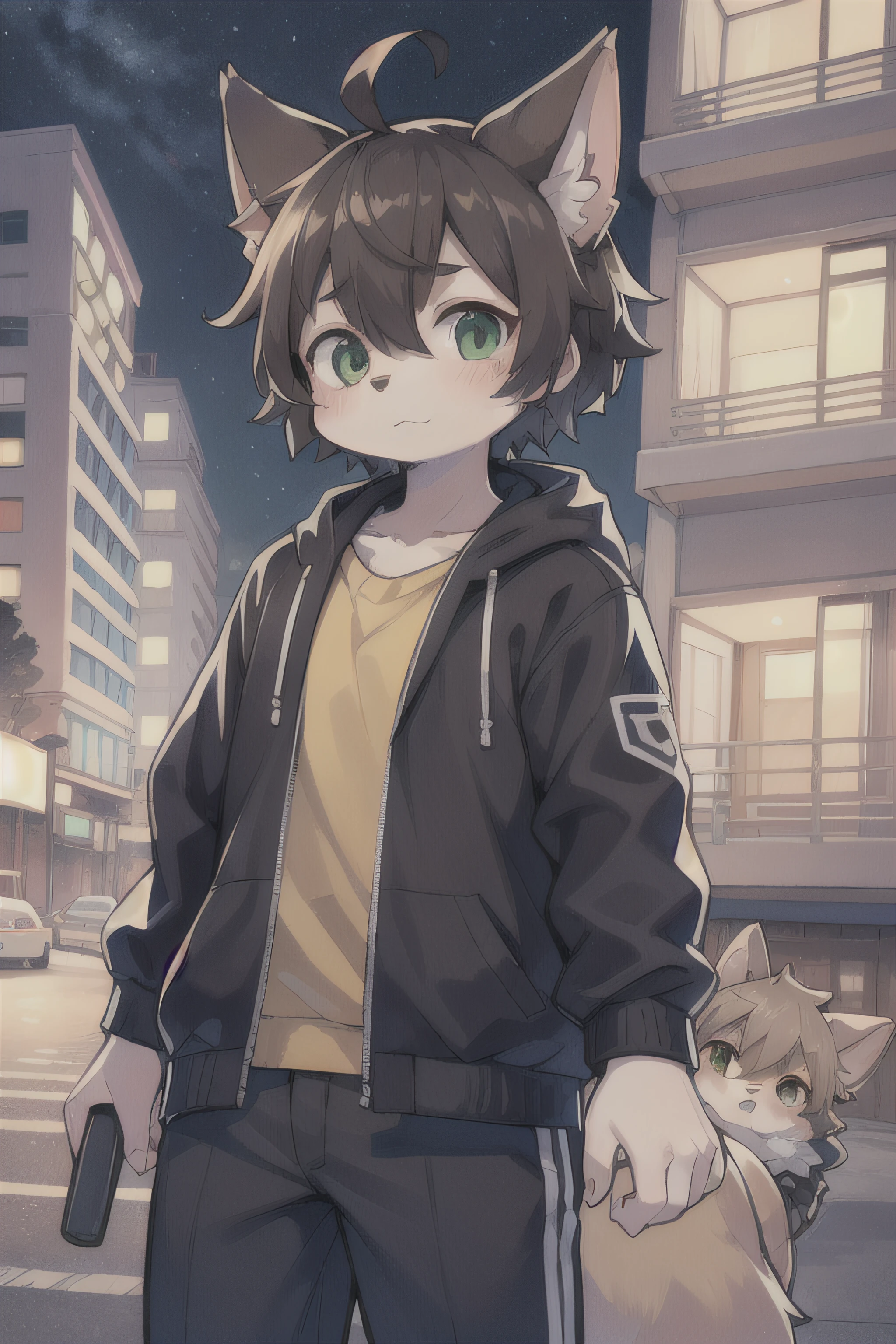 white cat boy, green left eye, blue right eye, anime, Furson, furry, kemono, delgado, tender, 10 years old, brown hair, man, sitting on the roof of a building at night looking up at the sky