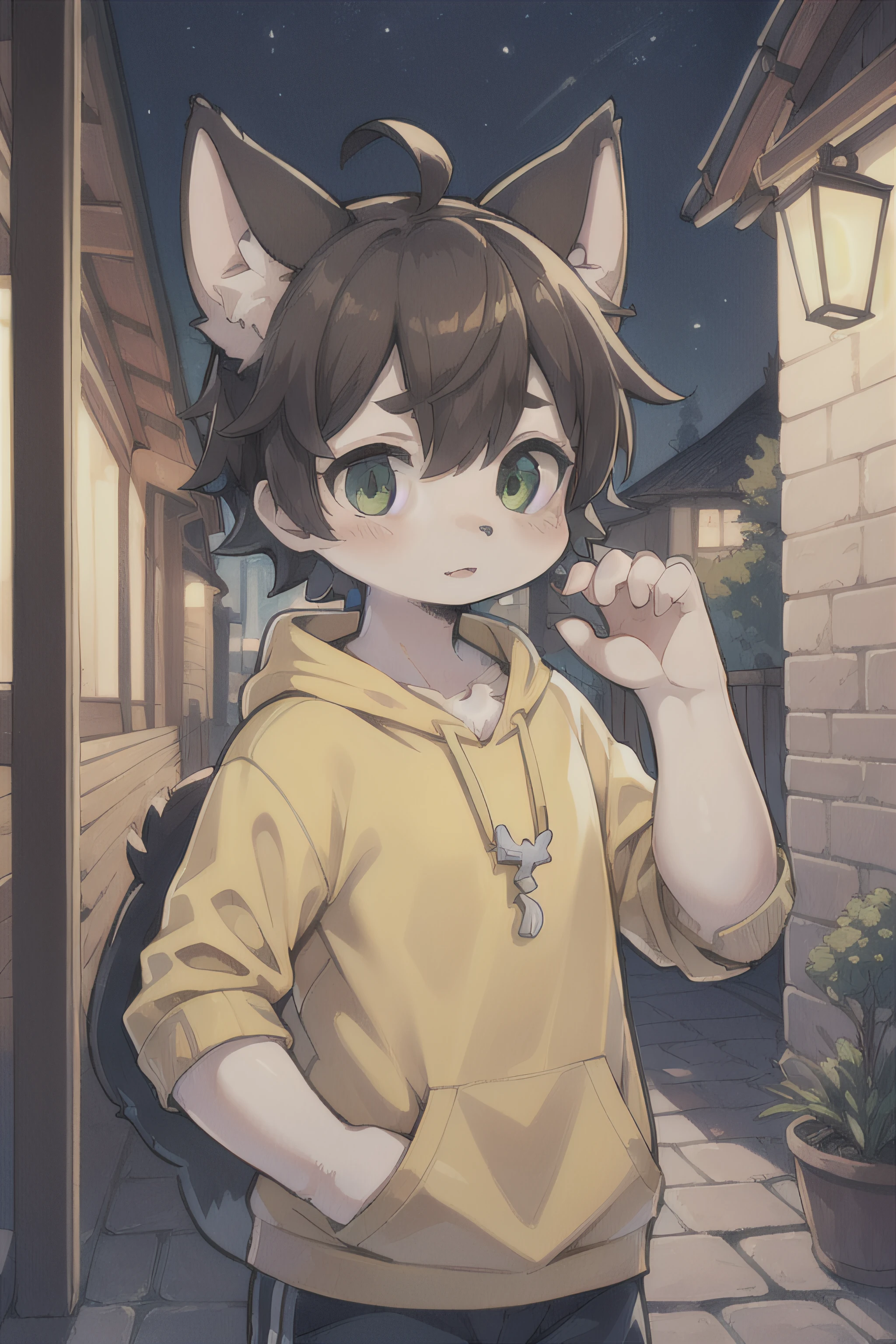 Chico gato blanco, ojo izquierdo verde, ojo derecho azul, anime, Fursona, peludo, kemono, delgado, tierno, 10 years old, brown hair, hombre, sentado en el techo de un edificio por la noche mirando hacia el cielo