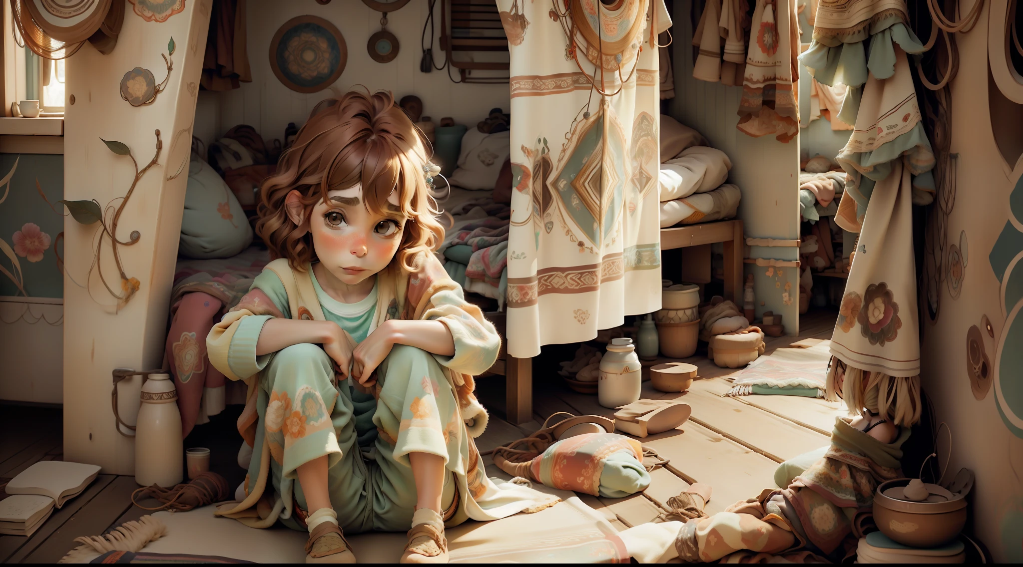 There is a little girl sitting on the floor in a room - SeaArt AI