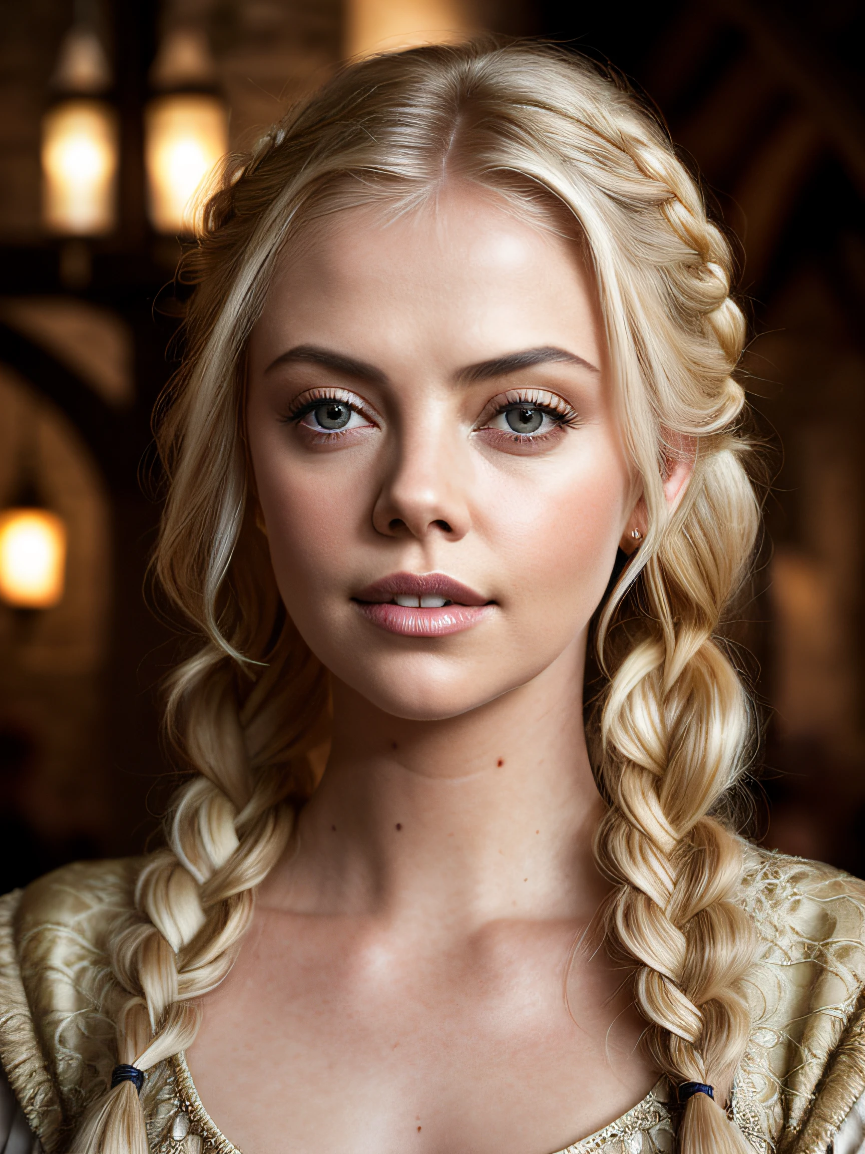 A (portrait photography: 1.2) close up portrait of a mix between Samara Weaving and Charlize Theron as a gorgeous 26 years old medieval fantasy prostitute, pale blonde hair, big single long braid, fantasy medieval fantasy prostitute nice clothes, intellingent look, enticing smile, in a big medieval fantasy city, overcast, cinematic lighting, Canon EOS 5D Mark IV