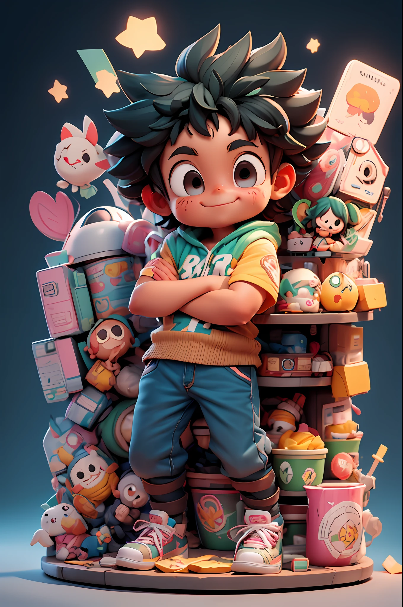 city street, Super cute Izuku Midoriya full body 3D image, 1pc, good eyes looking, big eyes, cute, happy, c4d, pop matt blind box, bright street light, toys, solid color background, chibi, fluorescent translucency, luminous body, kawaii, doll, Reference table, blind box pop mart, Pixar, complex details, 3D rendering, mixer, OC renderer, FOL body reference sheet, Dribble, High Details, 8K, Studio Lighting, , , toddler, Chibi, SD characters: 23, Magic Space Warehouse background, closed hands, fist, closed hands
