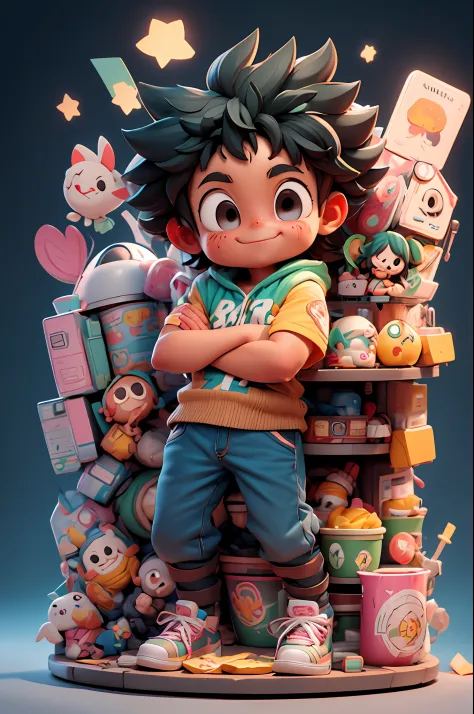 city street, Super cute Izuku Midoriya full body 3D image, 1pc, good eyes looking, big eyes, cute, happy, c4d, pop matt blind box, bright street light, toys, solid color background, chibi, fluorescent translucency, luminous body, kawaii, doll, Reference table, blind box pop mart, Pixar, complex details, 3D rendering, mixer, OC renderer, FOL body reference sheet, Dribble, High Details, 8K, Studio Lighting, Loli, Petite, toddler, Chibi, SD characters: 23, Magic Space Warehouse background, closed hands, fist, closed hands