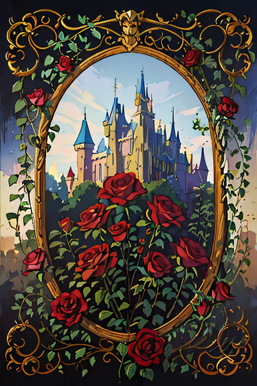 minimalist image of a castle with red roses in the foreground, Disney art, Beautiful castle, magical castle, Disneyland background, disney concept art, fairy tale art, fairy tale painting, golden frame with red roses, Fantasy, Greg Hildebrandt highly detailed, fantasy Victorian artwork, beautiful rendering of a fairytale