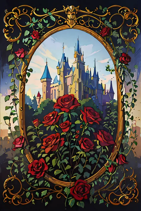 minimalist image of a castle with red roses in the foreground, disney art, beautiful castle, magical castle, disneyland backgrou...