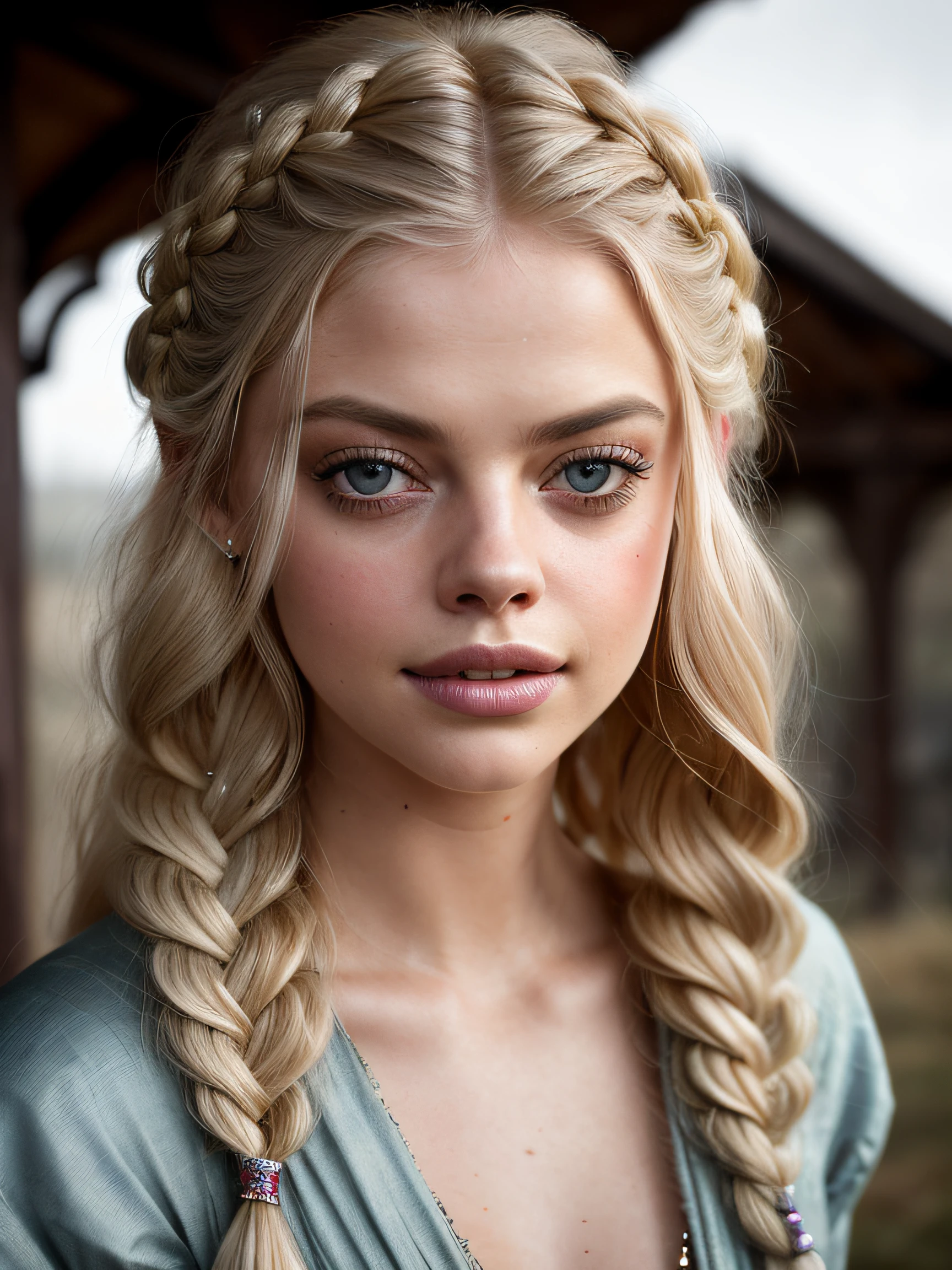 A (portrait photography: 1.2) close up portrait of Samara Weaving as a gorgeous 26 years old medieval fantasy prostitute, pale blonde hair, big single long braid, adult, fantasy medieval fantasy prostitute nice clothes, intellingent look, enticing smile, in a big medieval fantasy city, overcast, cinematic lighting, Canon EOS 5D Mark IV