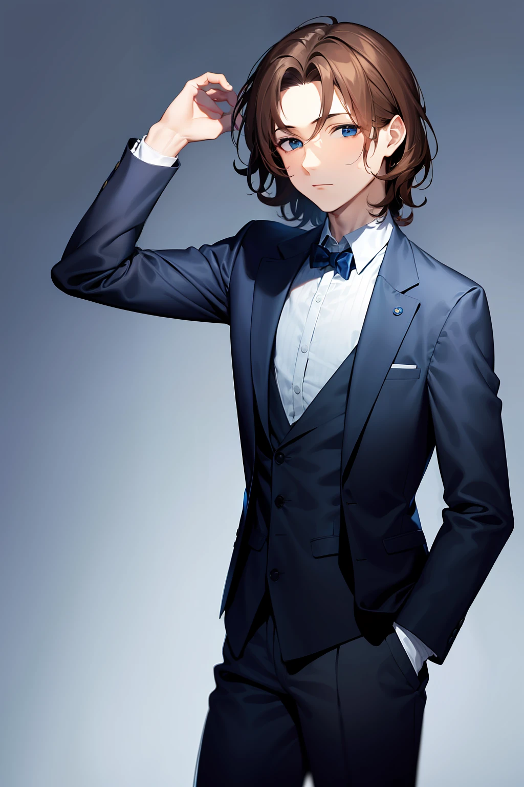 un jeune homme, cheveux moyens, cheveux bruns, yeux bleus, cheveux ondulés, habiller un costume, sur fond gris, 4K