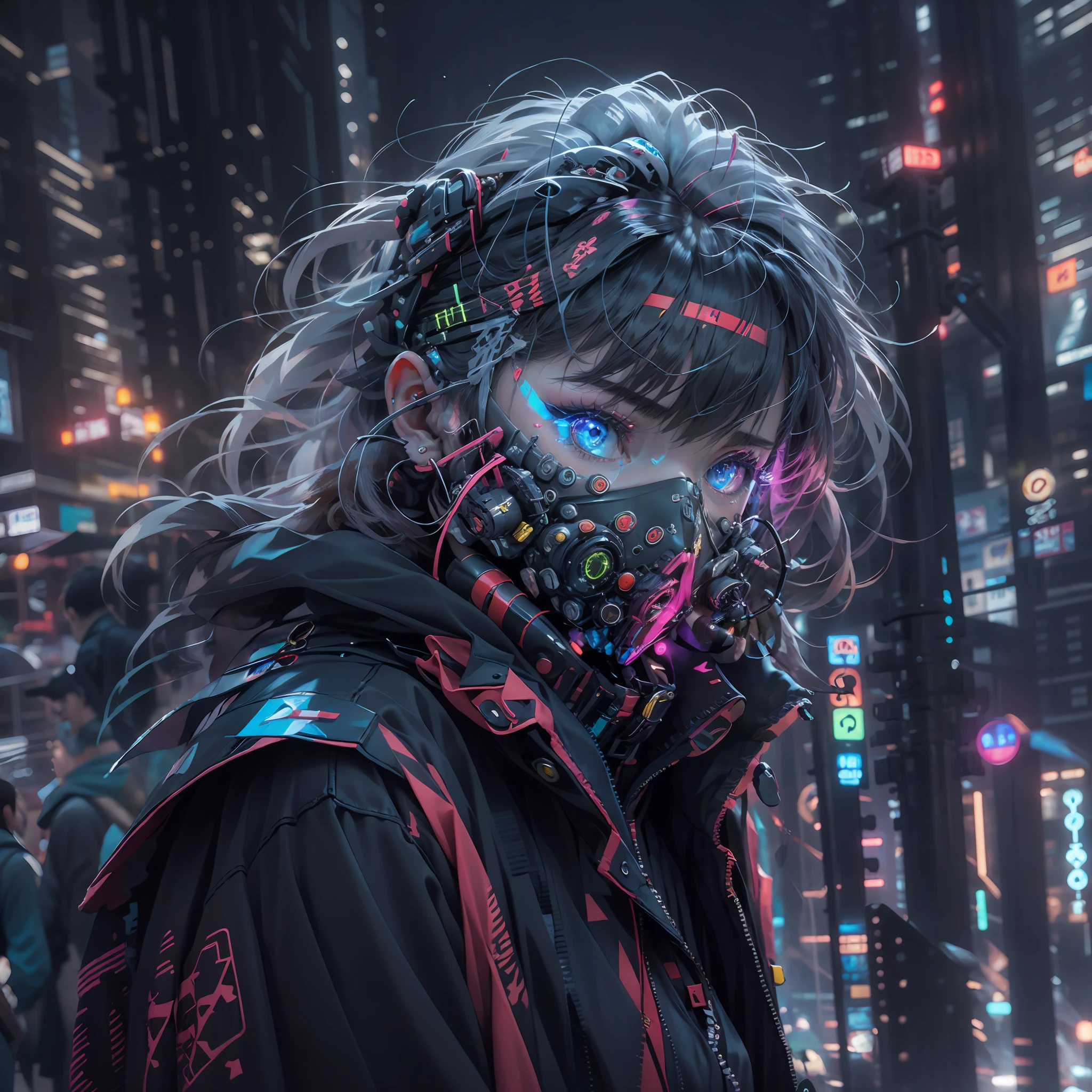 1fille, porter un masque cyberpunk, Masque néon, Masque de détail, face portrait, photo en gros plan, D&#39;en haut, ville cyberpunk
