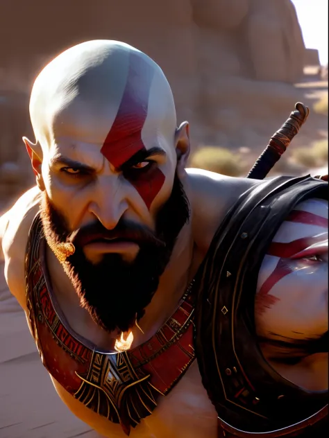 Bearded kratos person dressed in rich Egyptian spaulders, strong man, fierce expression, looking at the viewer, bursting into fury, flexing arms, blades, action shot, running, pharaoh armor, gold, lapiz lazuli, hieroglyphs, boots, desert, pyramids, soft im...