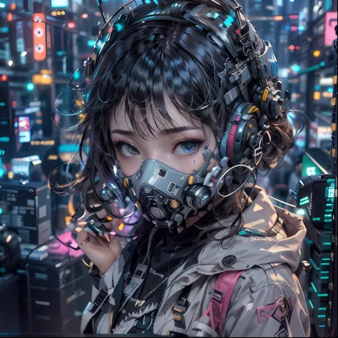 1girl, wear cyberpunk mask, neon mask, detail mask, face portrait, close up shot, from above, cyberpunk city