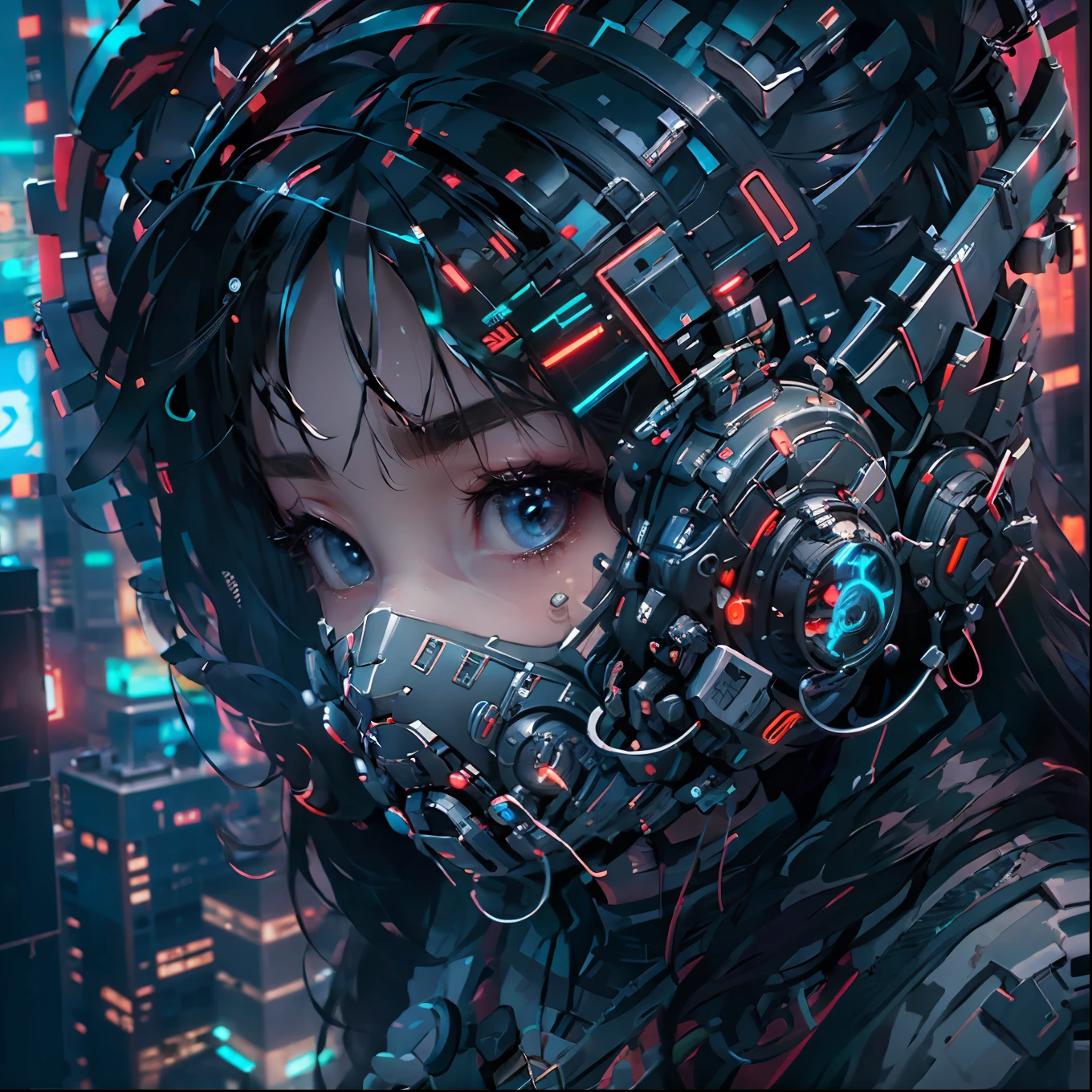 1girl wearing a detailed neon cyberpunk mask, her face partially covered by a portiere, captured in a close-up shot from above, with a vibrant cyberpunk city backdrop.