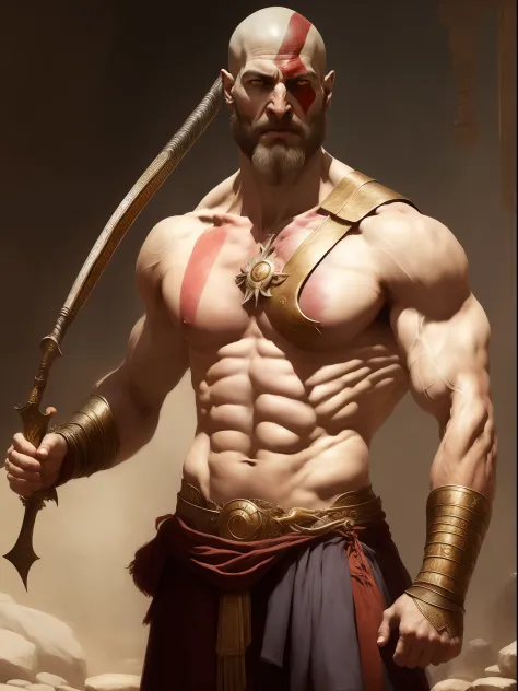Bearded kratos person dressed in rich Egyptian spaulders, strong man, bursting into fury, flexing arms, blades, pharaoh armor, gold, lapiz lazuli, hieroglyphs, boots, desert, pyramids, soft impressionist perfect composition, character portrait, intricate, ...