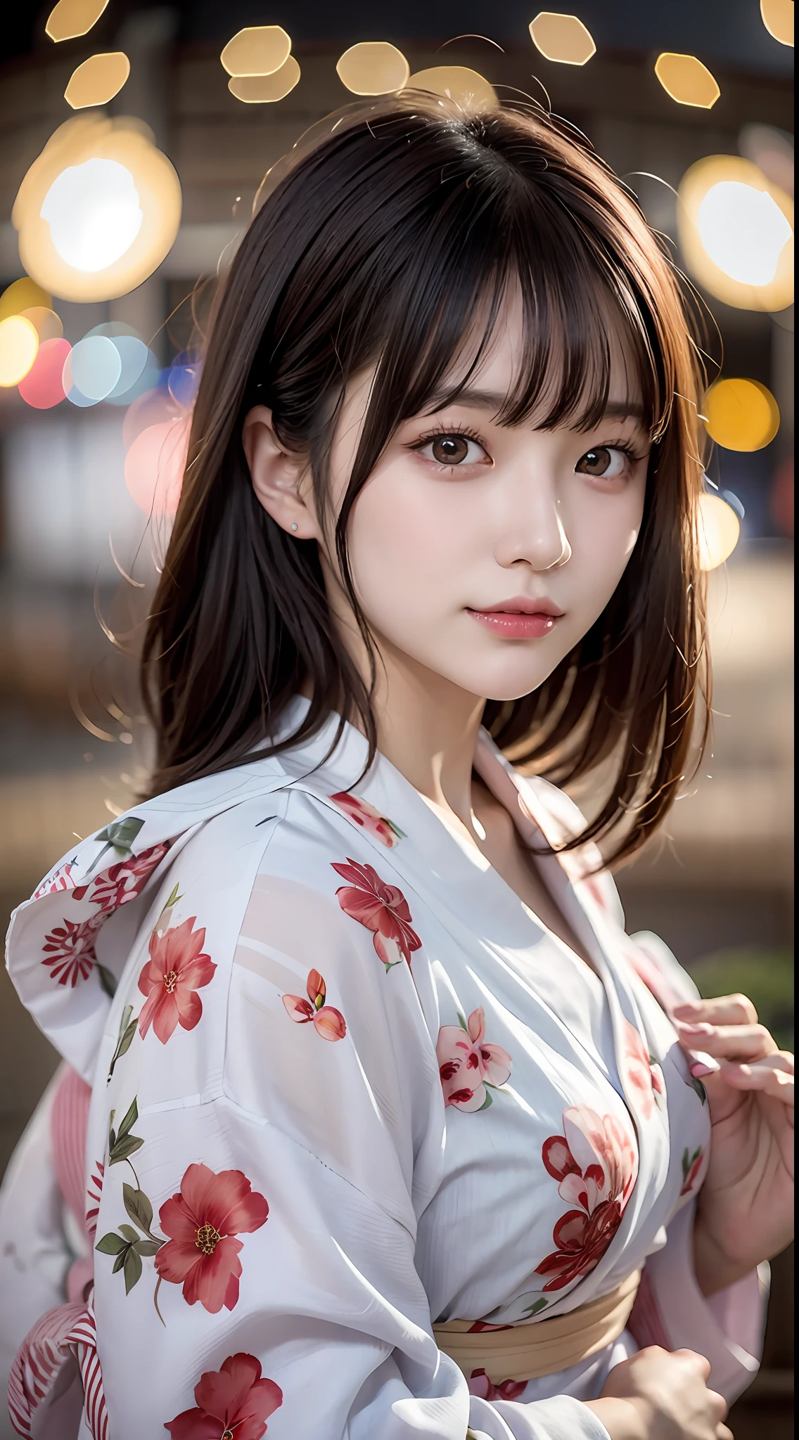 4k、Un brun、Une femme de 18 ans、Yukata、fête des feux d&#39;artifice、Un visage détaillé、en regardant la caméra、cheveux de rideau、Avec une frange、en regardant la caméra、solo、FEMMES、