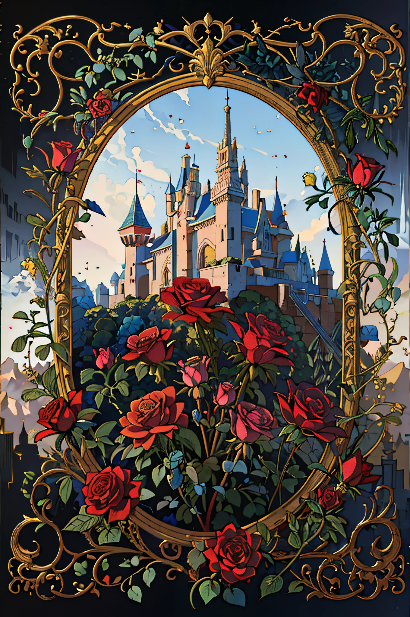 Minimalist image of a castle with red roses in the foreground, arte disney, beautiful castle, magic castle, disneyland background, concept art Disney, fairytale artwork, fairytale painting, golden frame with red roses, fancy, greg hildebrandt highly detailed, fancy arte vitoriana, beautiful render of a fairytale