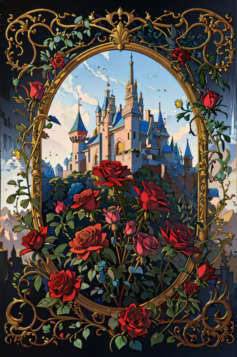 Imagem minimalista de um castelo com rosas vermelhas em primeiro plano, arte disney, Castelo bonito, magic castle, Fundo Disneyl...