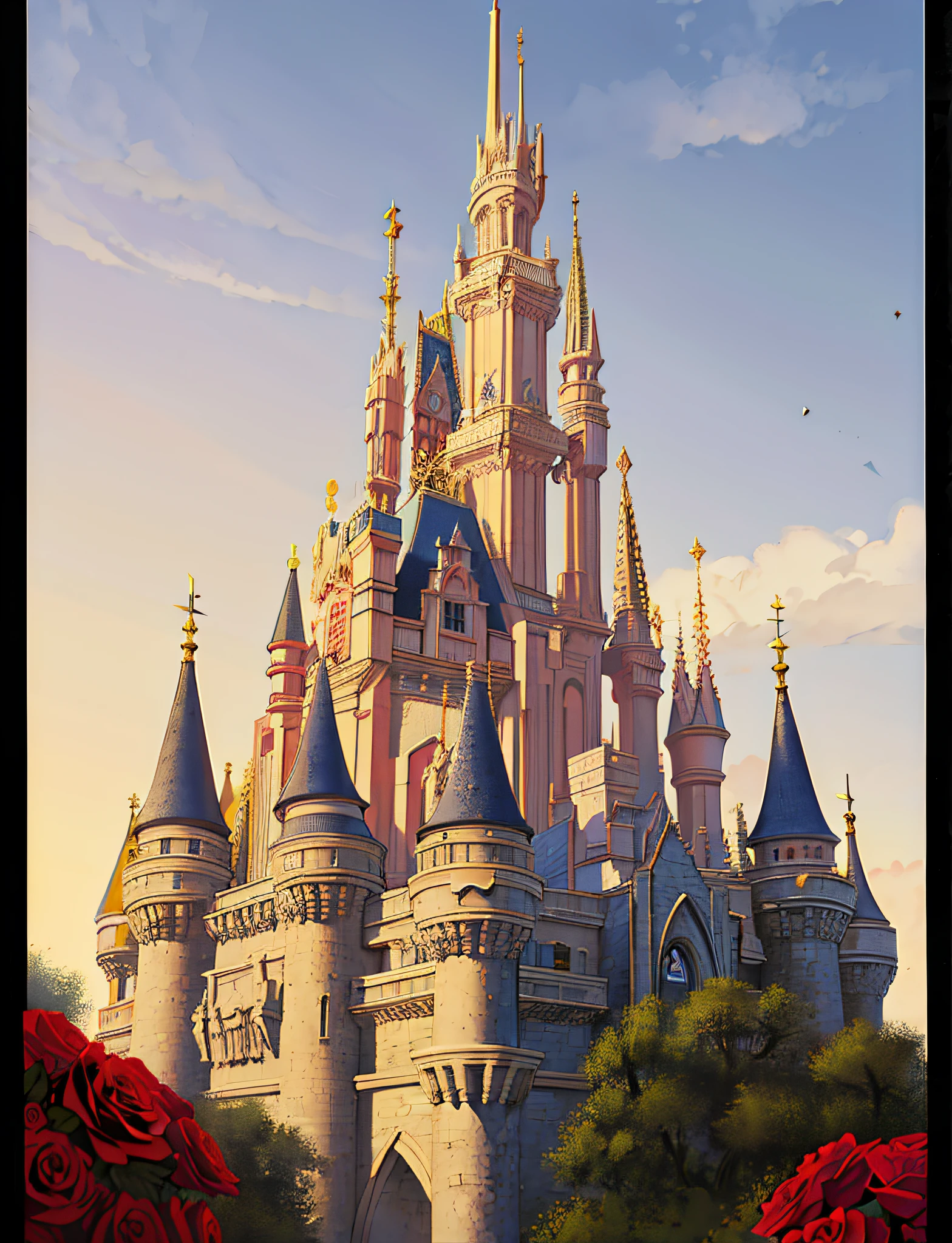 Imagem minimalista de um castelo com rosas vermelhas em primeiro plano, arte disney, Castelo bonito, magic castle, Fundo Disneyland, arte conceitual disney, arte de conto de fadas, pintura de conto de fadas, moldura dourada com rosas vermelhas, fantasia, Greg Hildebrandt altamente detalhado, fantasia arte vitoriana, beautiful render of a fairytale