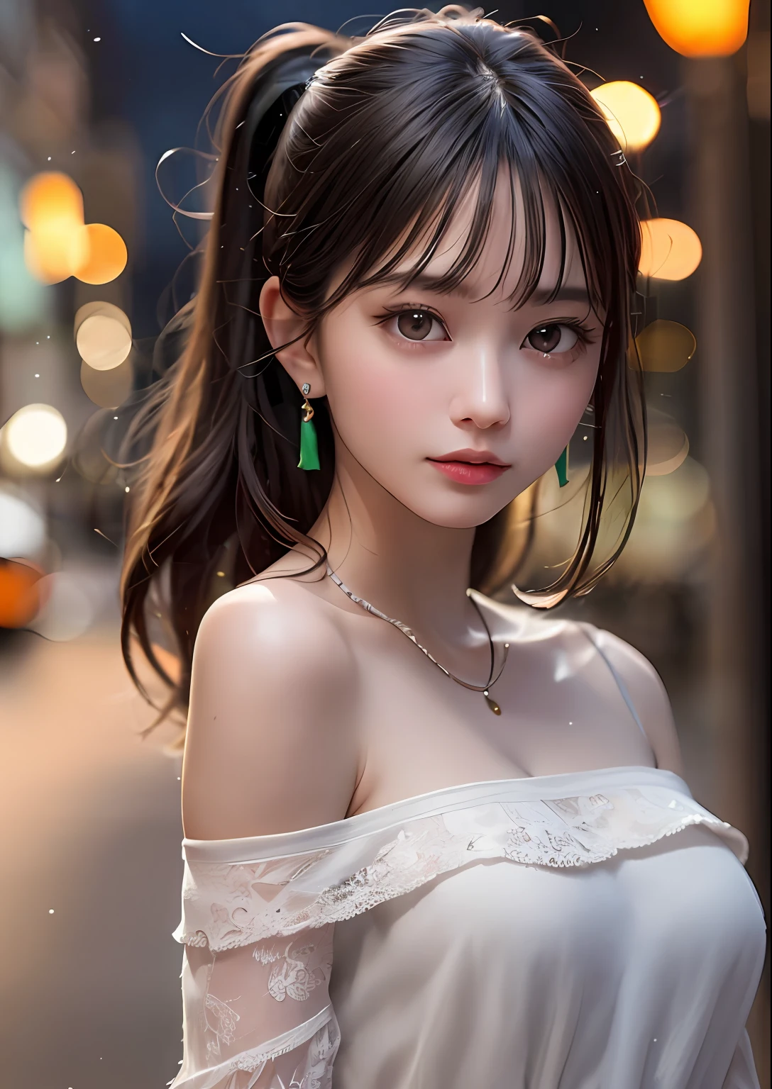 (Standing on a dark street),(Street lamp),(Unobtrusive lighting),(Night),Random posture, (Very delicate and beautiful work), (Masterpiece), 1girl, a girl in a white dress, HIGH DETAILS, Waist leak, Distorted ponytail, Charming look, Beautiful clear eyes, Green pupil, Delicate necklace, Delicate earrings, Fairy ears, Simple blurred background , Super detailed description, Beautiful, Charming, Ultra definition painting, Delicate face, Delicate figure, Thin collarbone, Beautiful lips, Beautiful , Soft back figure, mix4,(8k, RAW photography, best quality, Masterpiece: 1.2), (photoreal, realistic: 1.37),1 girl,cute,cityscape, night, rain,wet, professional lighting, photon mapping, radiosity, Physically based rendering,