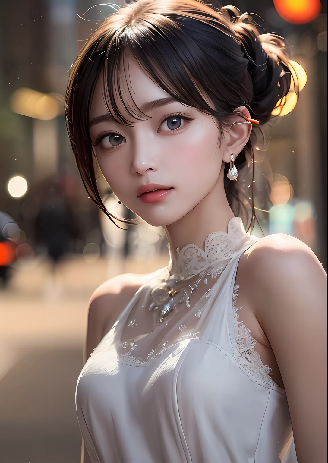 (Standing on a dark street),(Street lamp),(Unobtrusive lighting),(Night),Random posture, (Very delicate and beautiful work), (Masterpiece), 1girl, a girl in a white dress, HIGH DETAILS, Waist leak, Distorted ponytail, Charming look, Beautiful clear eyes, Green pupil, Delicate necklace, Delicate earrings, Fairy ears, Simple blurred background , Super detailed description, Beautiful, Charming, Ultra definition painting, Delicate face, Delicate figure, Thin collarbone, Beautiful lips, Beautiful tits, Soft back figure, mix4,(8k, RAW photography, best quality, Masterpiece: 1.2), (photoreal, realistic: 1.37),1 girl,cute,cityscape, night, rain,wet, professional lighting, photon mapping, radiosity, Physically based rendering,